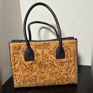 Juan Antonio Tan Floral Embossed Leather Tote